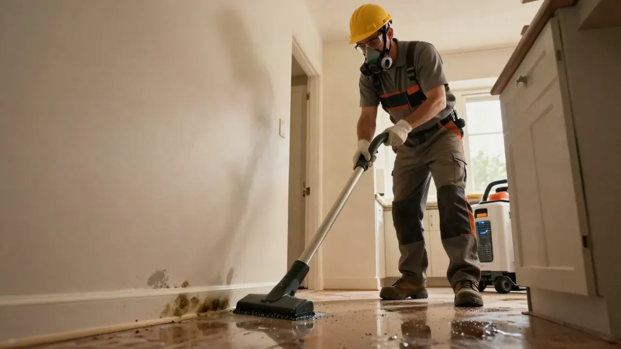 Water Extraction in Azle: restoration technician carefully vacuuming standing water from crevices and around baseboards in a
