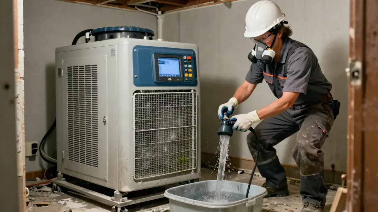 Dehumidification in Azle: restoration technician monitoring a large, industrial-grade refrigerant dehumidifier operating in