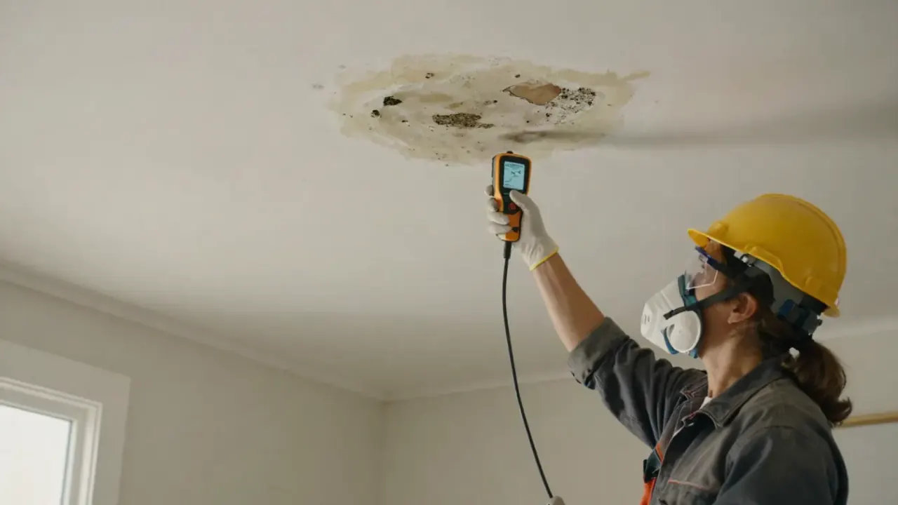 Water Damage, Fire Damage, Mold Remediation in Azle: restoration technician, wearing an N95 respirator, inspecting a
