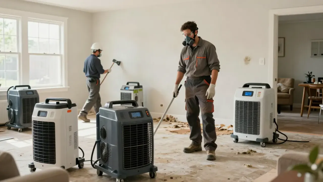 Water Damage, Fire Damage, Mold Remediation in Azle: wide shot of a residential living room filled with multiple air movers