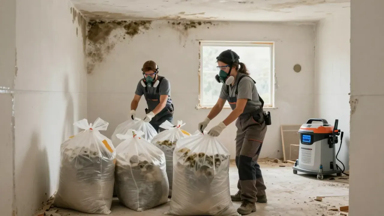 Water Damage, Fire Damage, Mold Remediation in Azle: team of two restoration technicians, wearing respirators, meticulously