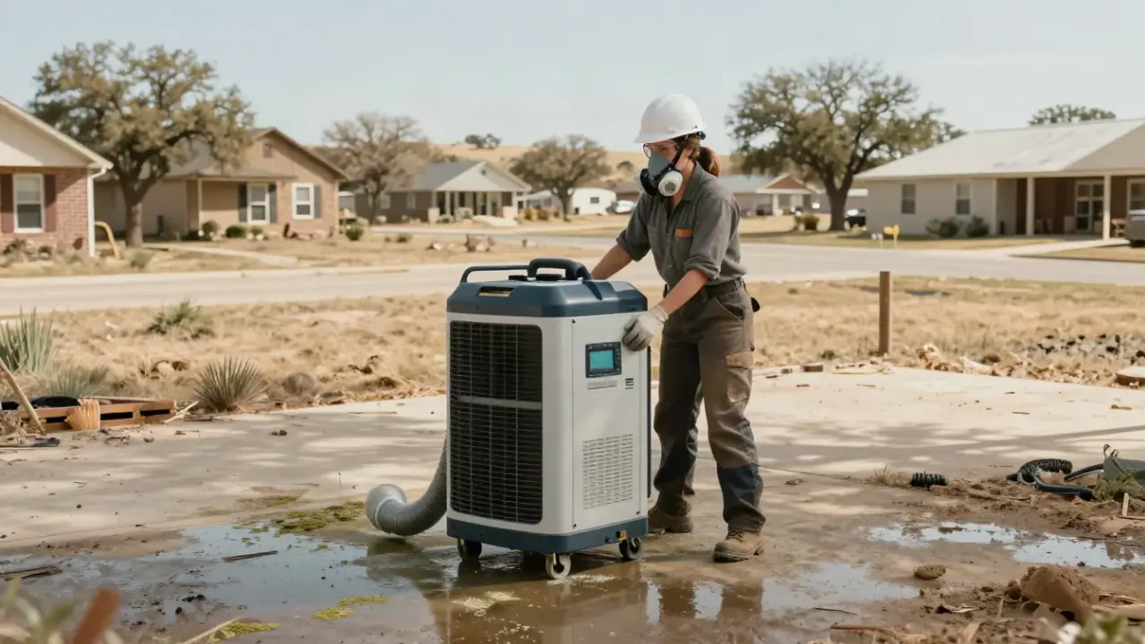 Structural Drying in Azle: restoration technician positioning a large commercial dehumidifier in the center of a