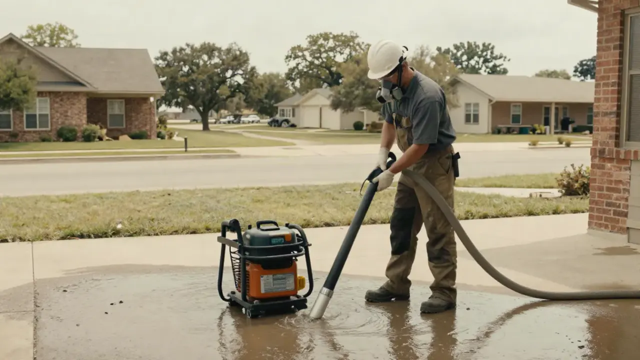 Emergency Water Removal in Azle: restoration technician using a submersible pump to drain several inches of standing water