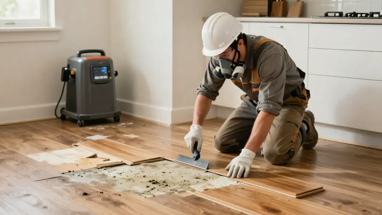 Water Damage Restoration in Azle: restoration technician carefully prying up water-saturated hardwood flooring planks from a